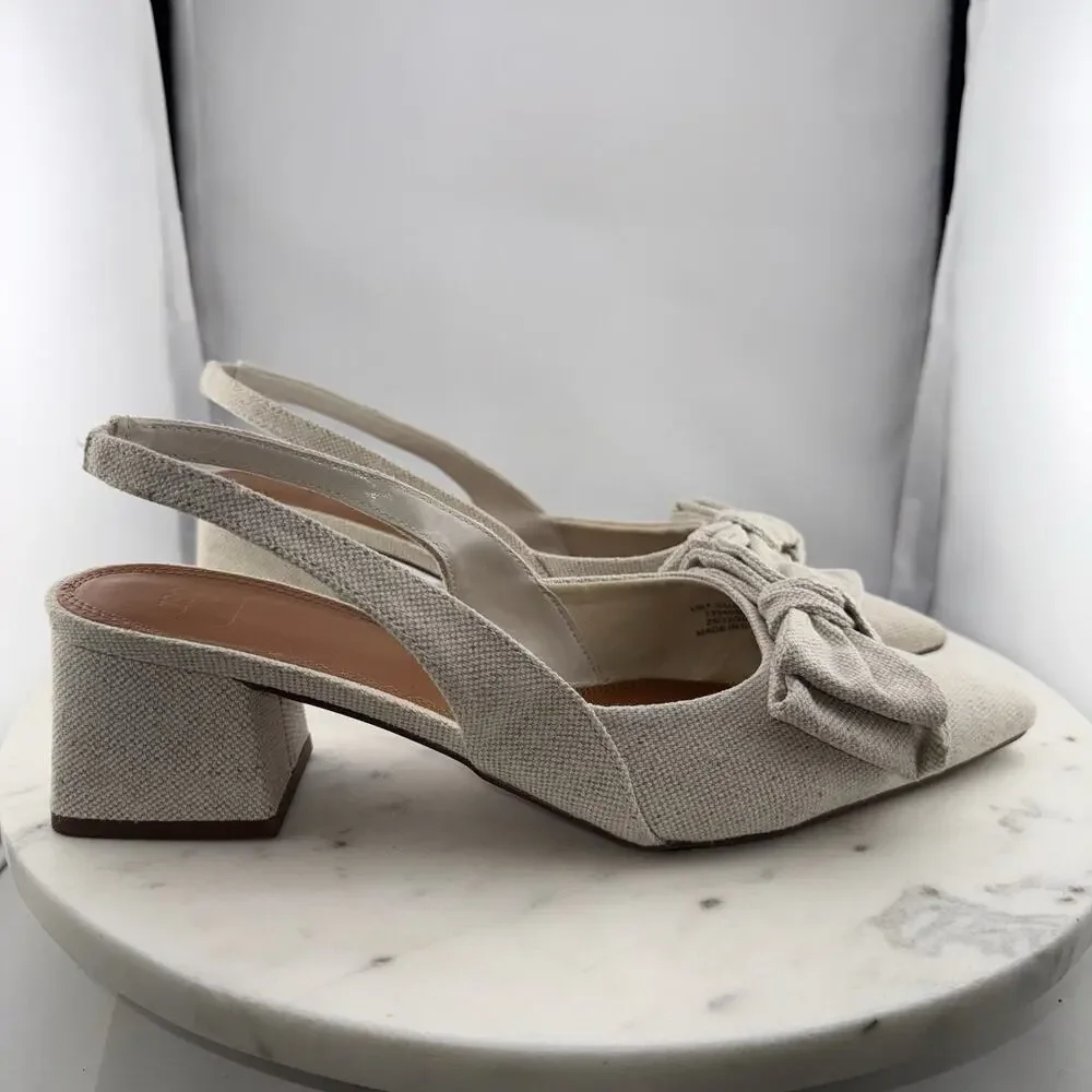 ASOS Suzy‎ Bow Slingback Heels EU40 US9 Beige Fabric Pointed Toe Block Heel